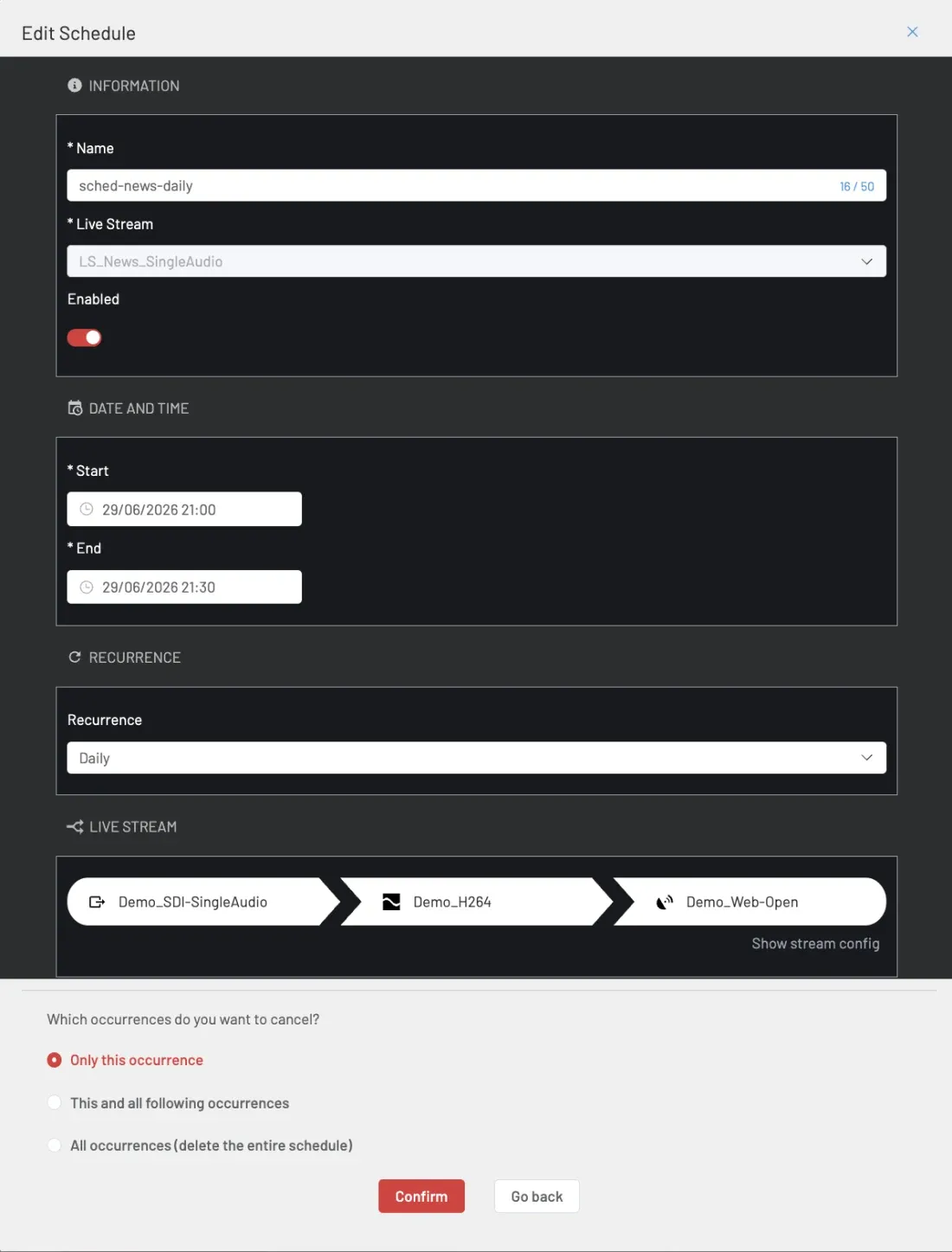 Cancel one occurrence of a recurring Schedule